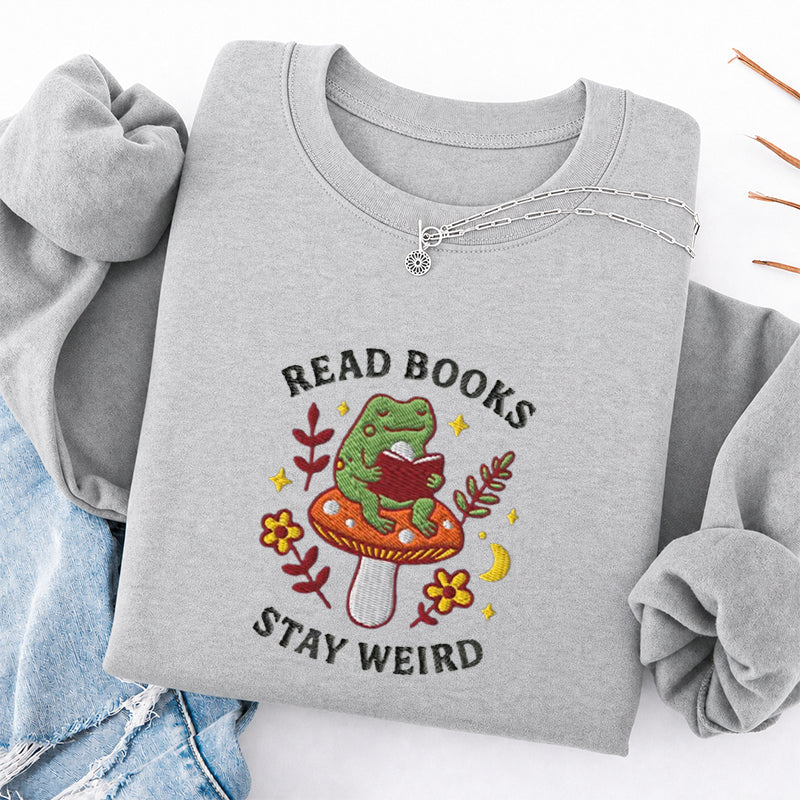 Embroidered Read Books Stay Weird Reading Frog Classic Crewneck Sweatshirt