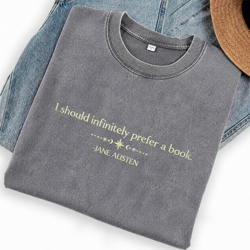Embroidered Prefer a Book Washed Crew Neck T-Shirt