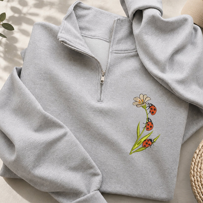 Embroidered Ladybug & Daisy Classic Quarter Zip Sweatshirt