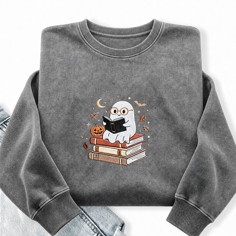 Embroidered Ghost Reading Books Washed Crewneck Sweatshirt