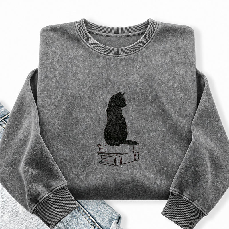 Embroidered Black Cat On Book Washed Crewneck Sweatshirt