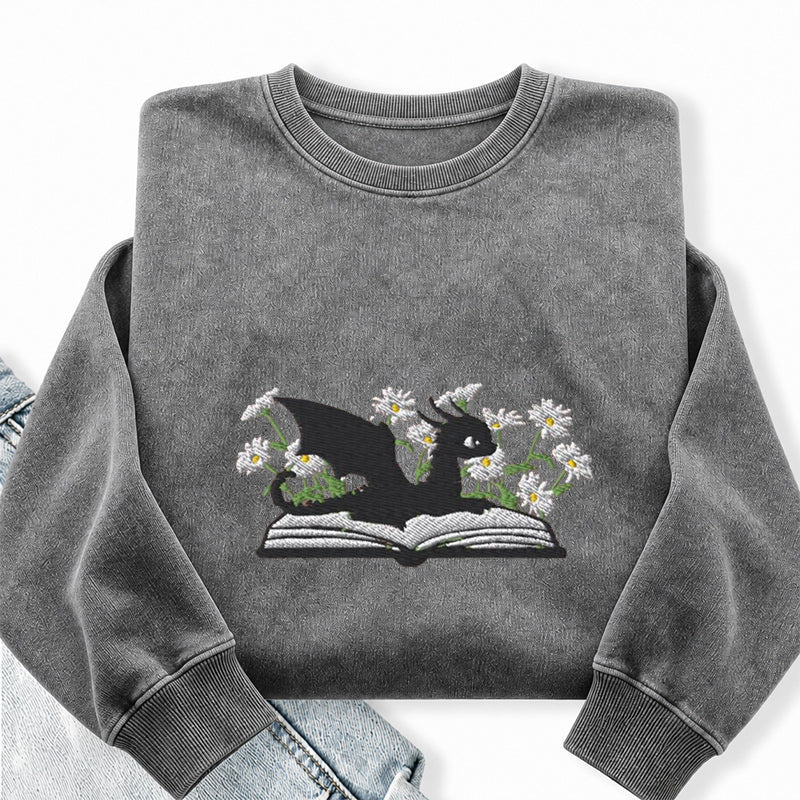 Embroidered Floral Dragon Book Washed Crewneck Sweatshirt