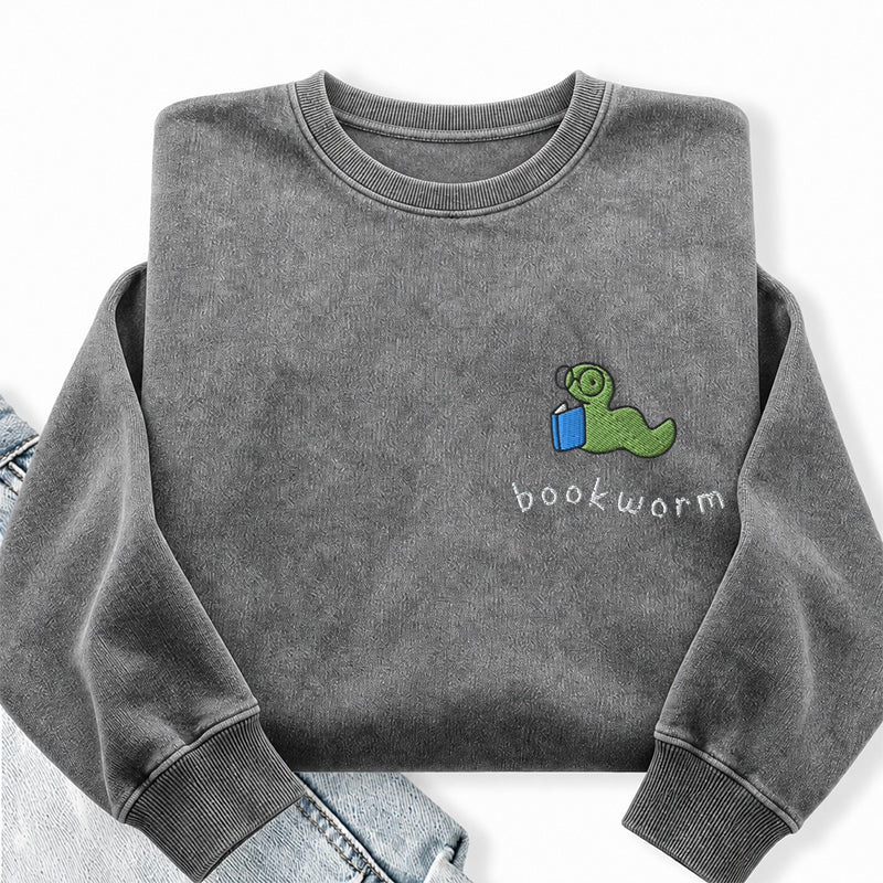 Embroidered Bookworm Washed Crewneck Sweatshirt