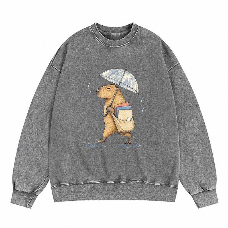 Capybara Rainy Day Book Washed Crewneck Sweatshirt