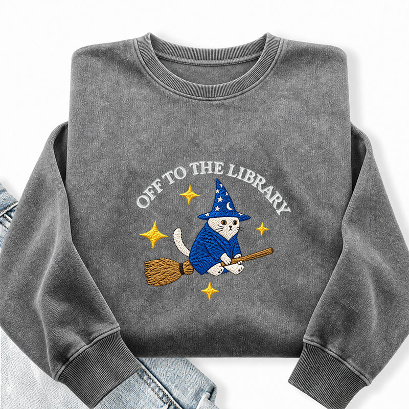 Embroidered Cat Off To The Library Washed Crewneck Sweatshirt