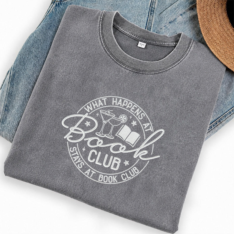 Embroidered Funny Book Club Washed Crew Neck T-Shirt