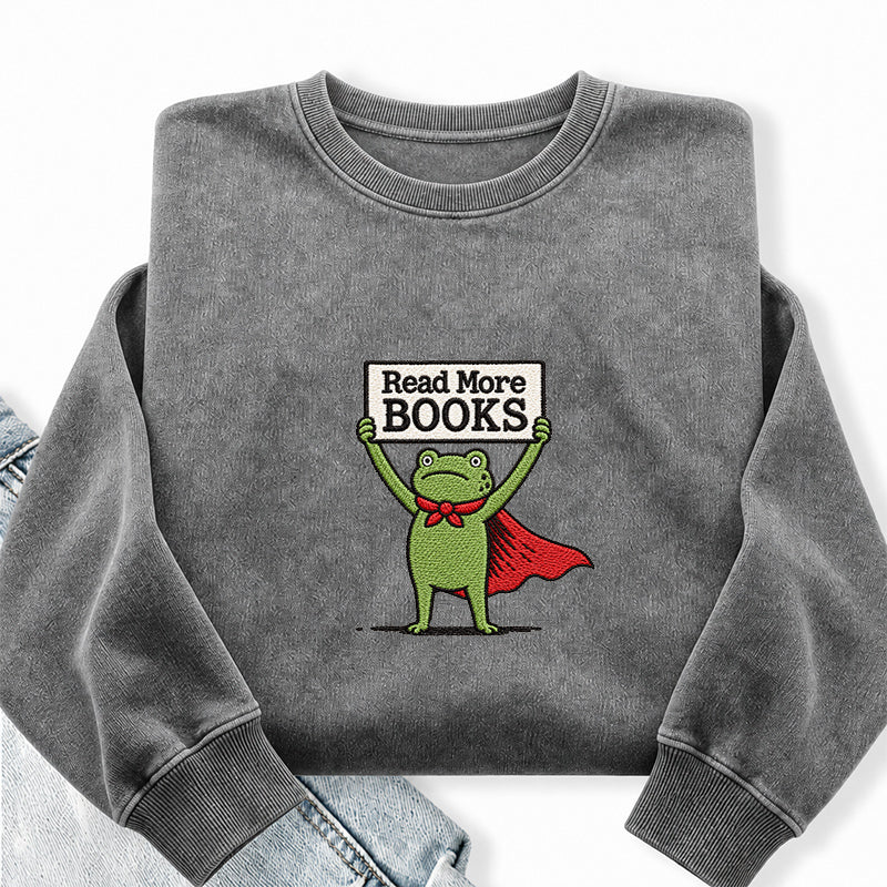 Embroidered Read More Books Frog Washed Crewneck Sweatshirt