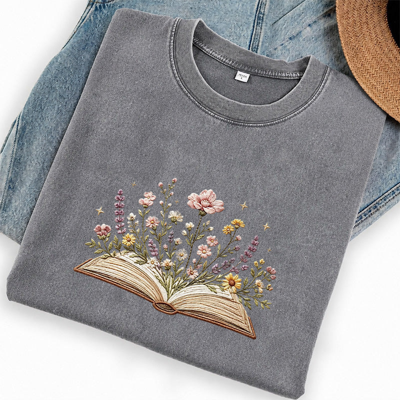 Embroidered Floral Book Washed Crew Neck T-Shirt