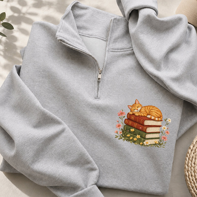 Embroidered Sleeping Cat On Books Classic Quarter Zip Sweatshirt