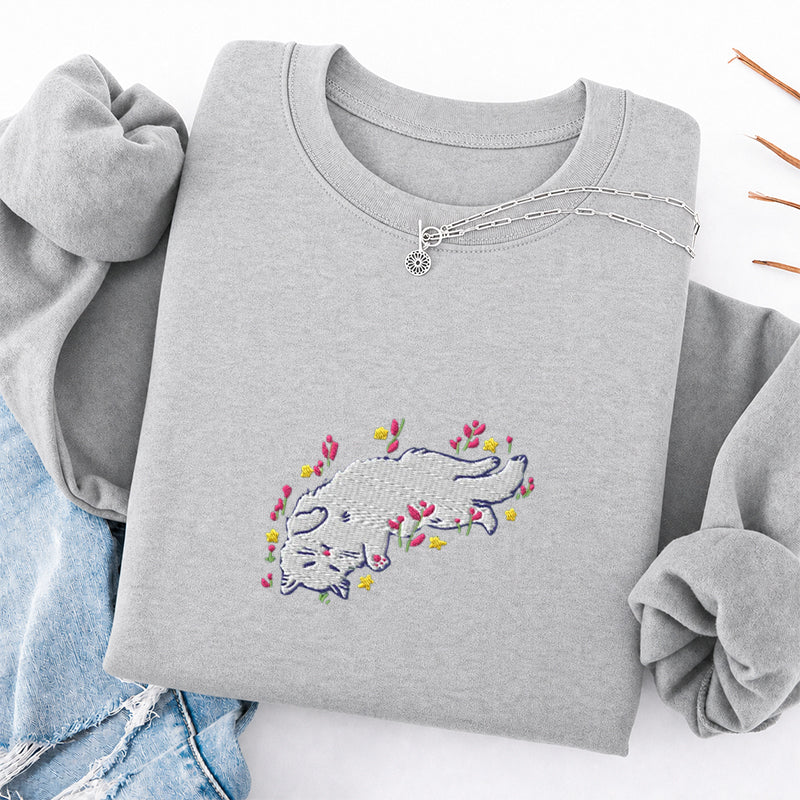 Embroidered Floral Playing Cat Classic Crewneck Sweatshirt
