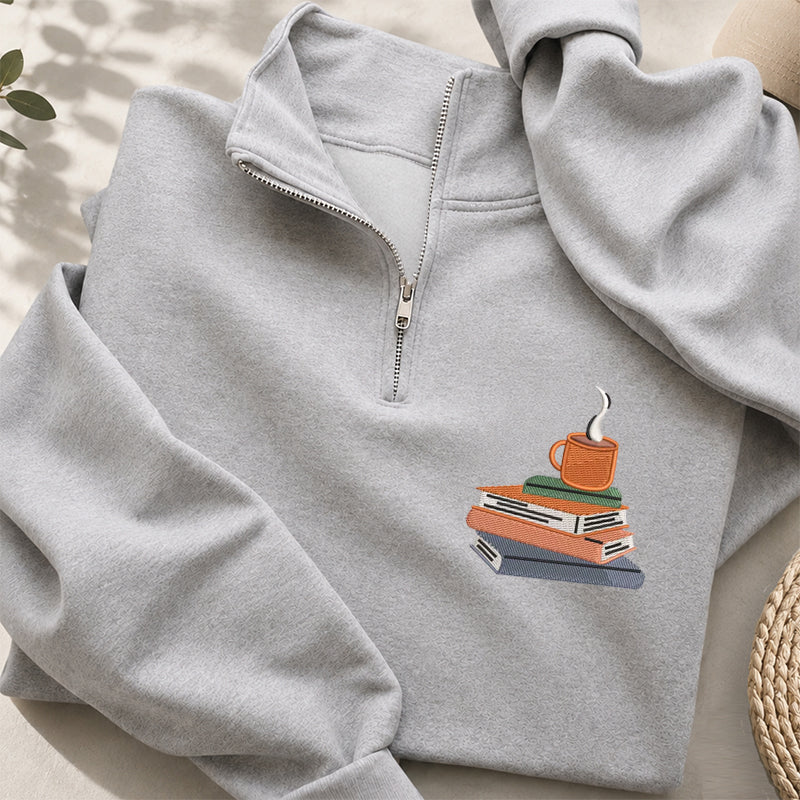 Embroidered Book and Coffee Classic Quarter Zip Sweatshirt