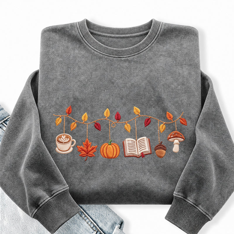 Embroidered Coffee Books Pumpkin Mushroom Washed Crewneck Sweatshirt