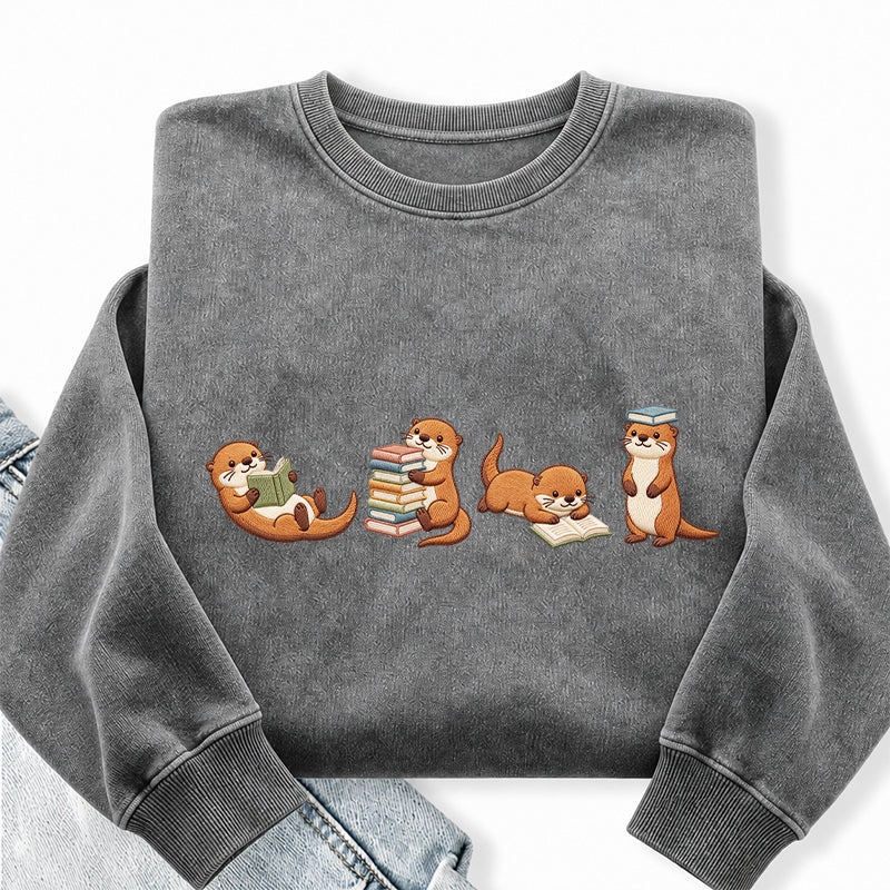 Embroidered Otter Reading Book Washed Crewneck Sweatshirt