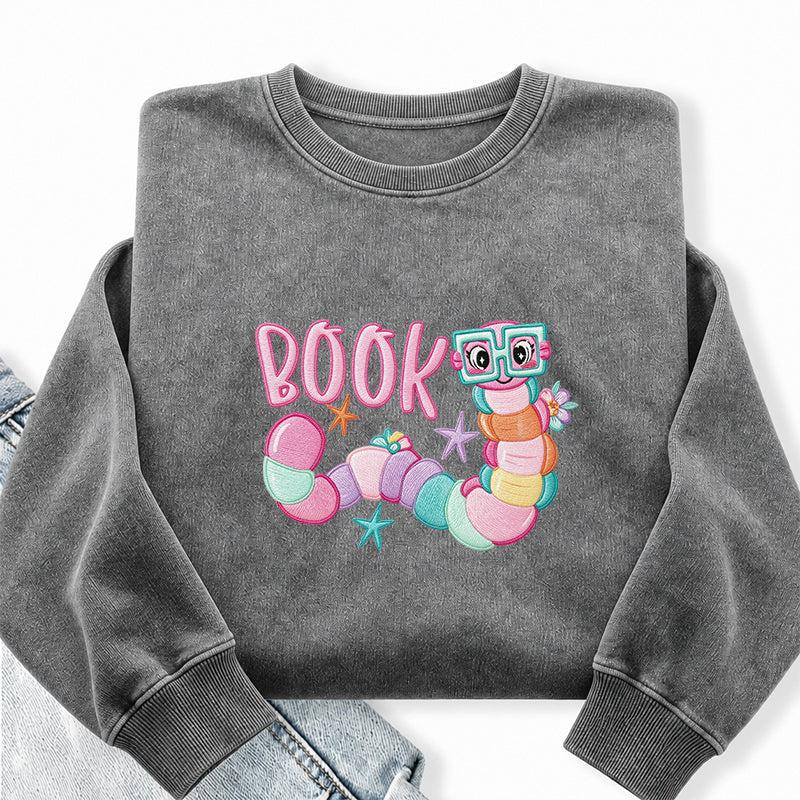 Embroidered Reading Book Worm Washed Crewneck Sweatshirt