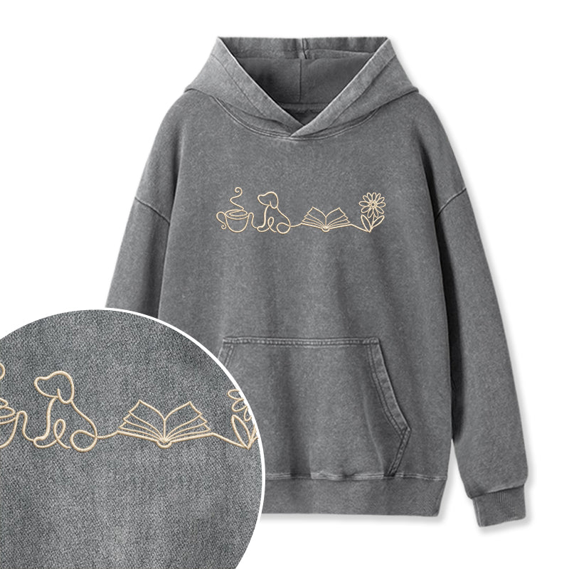 Embroidered Coffee Dog Book Flowers Washed Hoodie