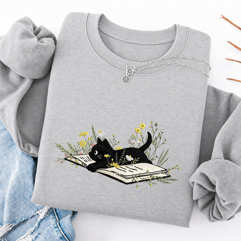 Embroidered Floral Book Cat Classic Crewneck Sweatshirt