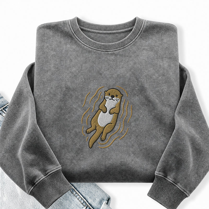 Embroidered Otter Washed Crewneck Sweatshirt