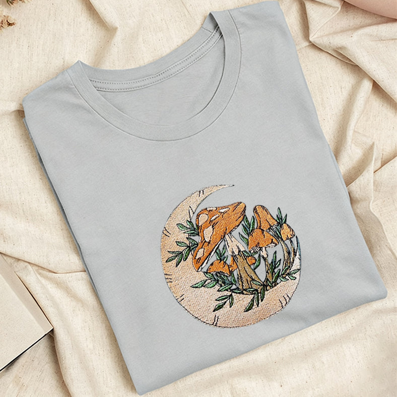 Embroidered Mushroom Moon Classic Adult Unisex Crew Neck T-Shirt