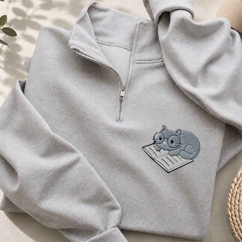 Embroidered Cat On Book Classic Quarter Zip Sweatshirt