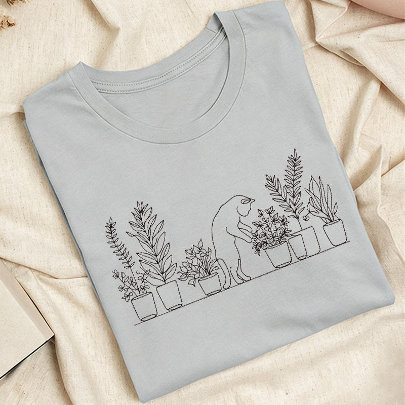Embroidered Cat and Plant Lover Classic Adult Unisex Crew Neck T-Shirt