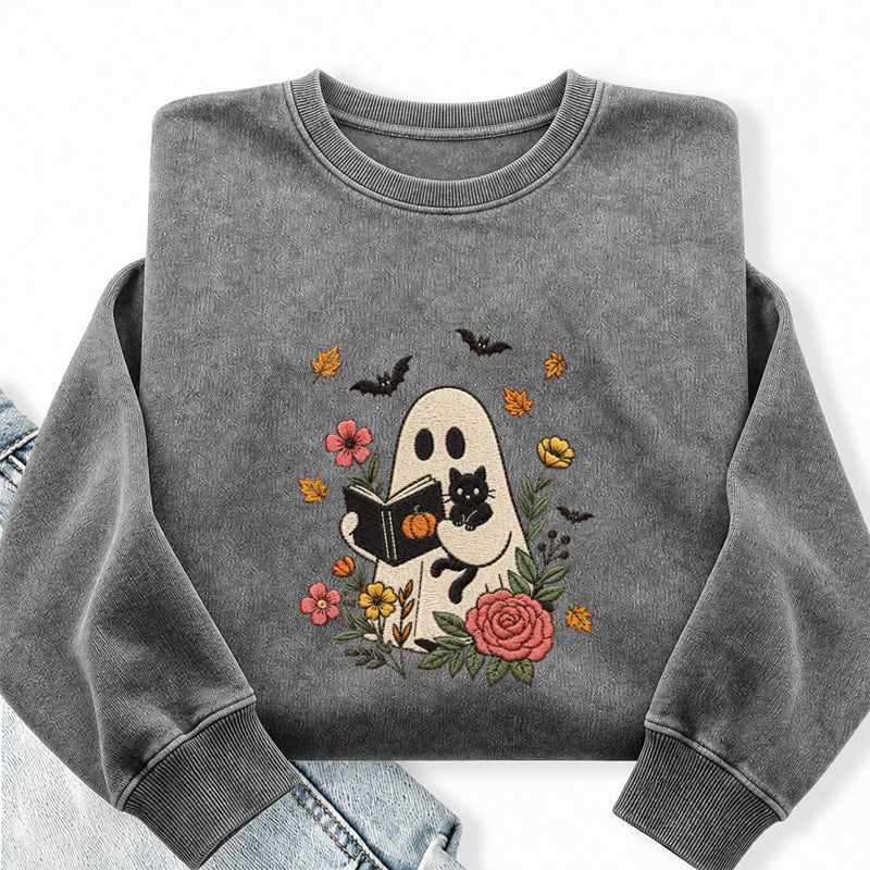 Embroidered Floral Ghost Reading Book Washed Crewneck Sweatshirt