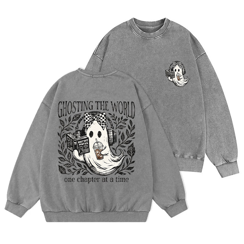 Funny Ghosting The World Reading Washed Crewneck Sweatshirt