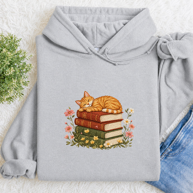 Embroidered Cat Sleeping On Books Classic Adult Unisex Hoodie