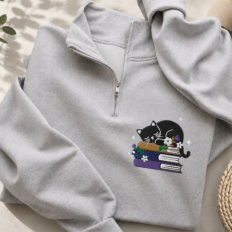 Embroidered Black Cat Floral Book Classic Quarter Zip Sweatshirt