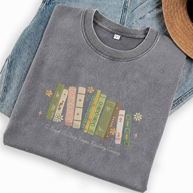 Embroidered A Book A Day Washed Crew Neck T-Shirt