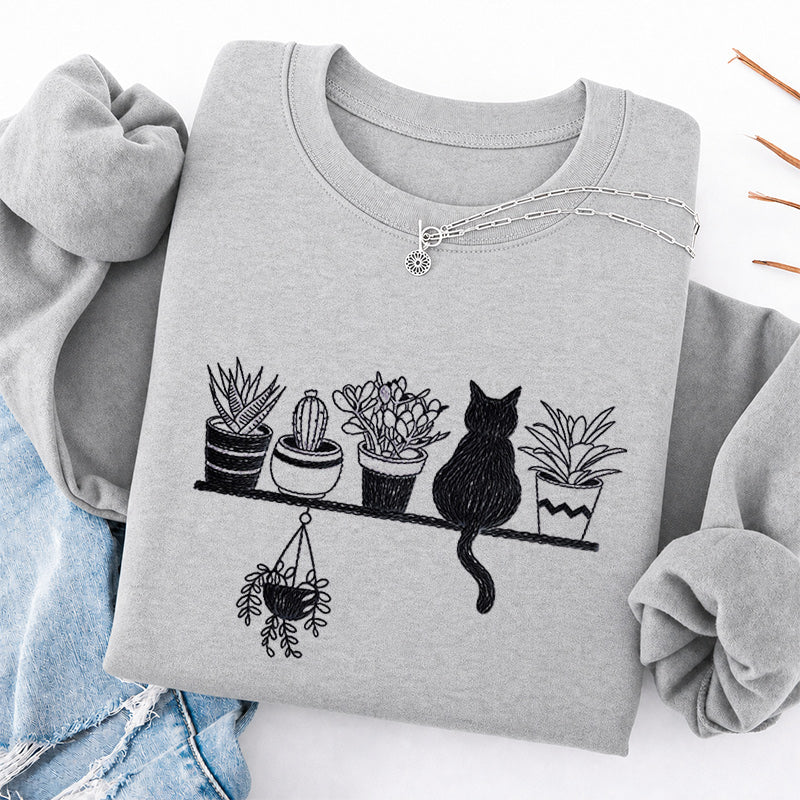 Embroidered Cats And Plants Classic Crewneck Sweatshirt