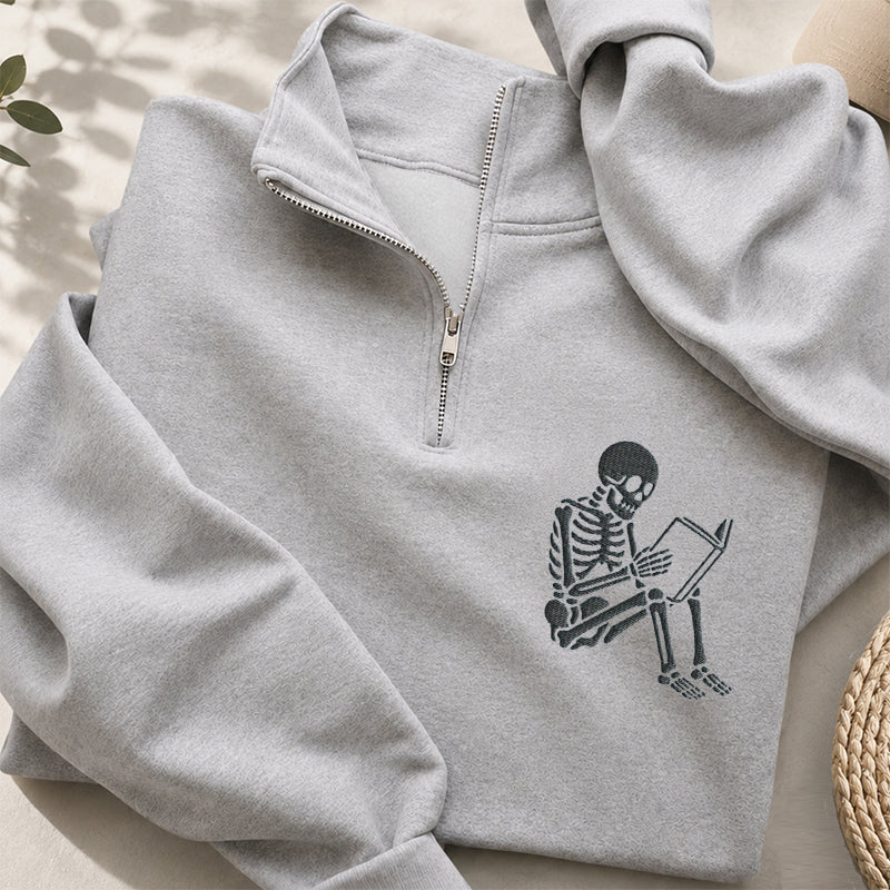 Embroidered Reading Skeleton Classic Quarter Zip Sweatshirt