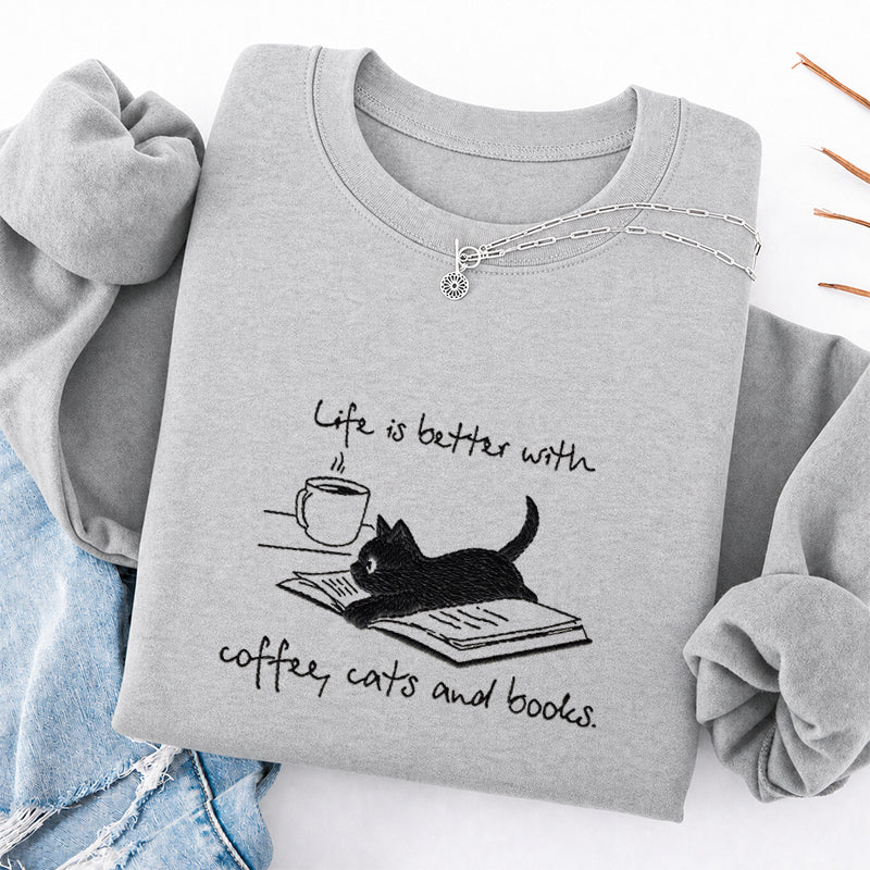 Embroidered Life Is Better With Coffee Book Cat Classic Crewneck Sweatshirt