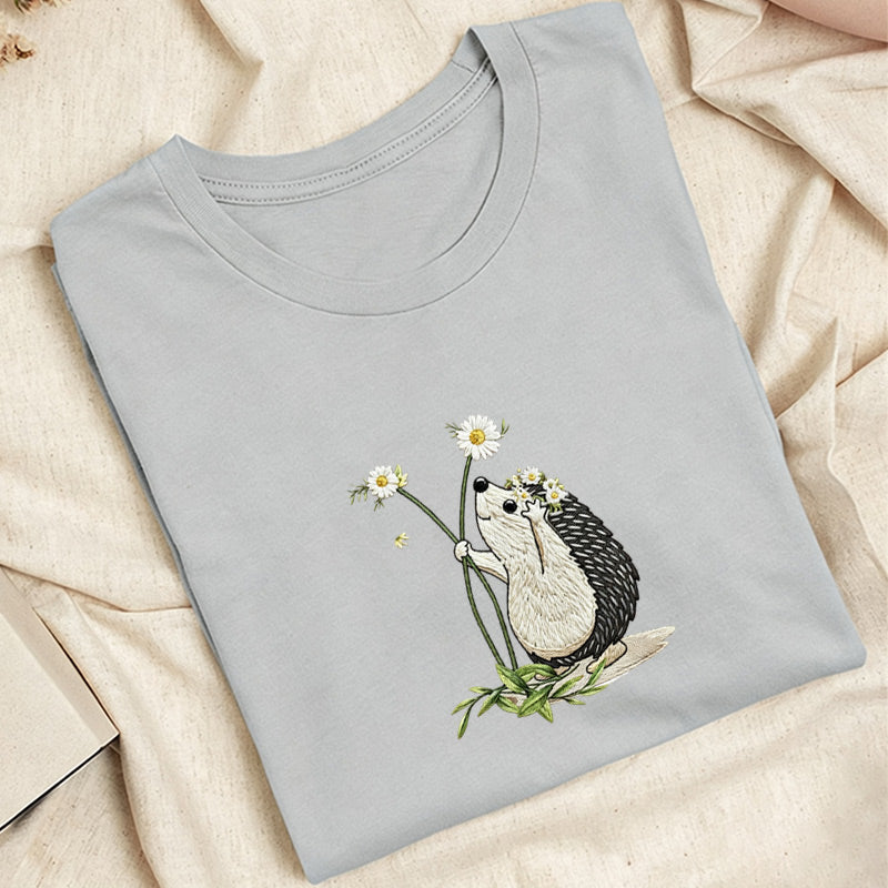 Embroidered Hedgehog Daisy Classic Adult Unisex Crew Neck T-Shirt