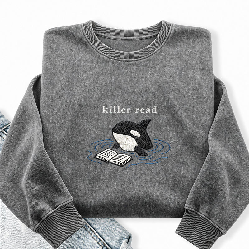 Embroidered Killer Read Orca Washed Crewneck Sweatshirt