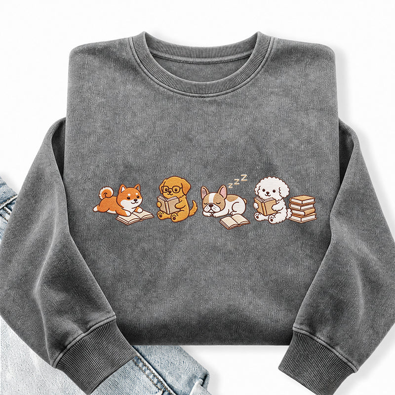 Embroidered Reading Dogs Washed Crewneck Sweatshirt