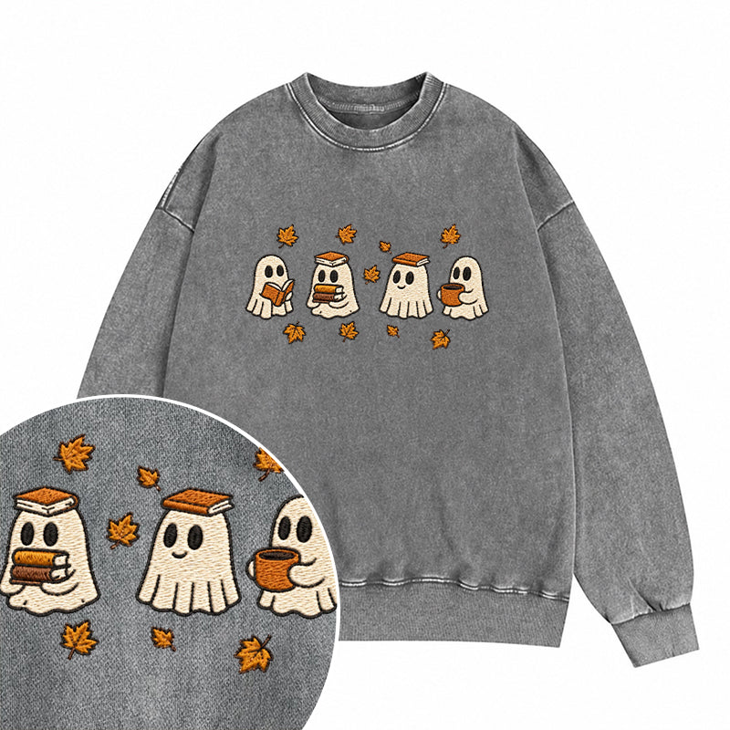 Embroidered Autumn Bookish Ghost Washed Crewneck Sweatshirt