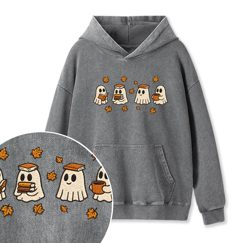Embroidered Autumn Bookish Ghost Washed Hoodie