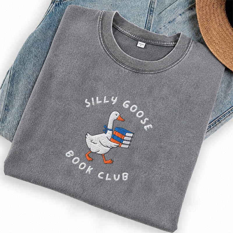Embroidered Silly Goose Book Club Washed Crew Neck T-Shirt