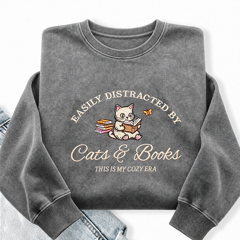 Embroidered Distracted By Cats and Books Washed Crewneck Sweatshirt