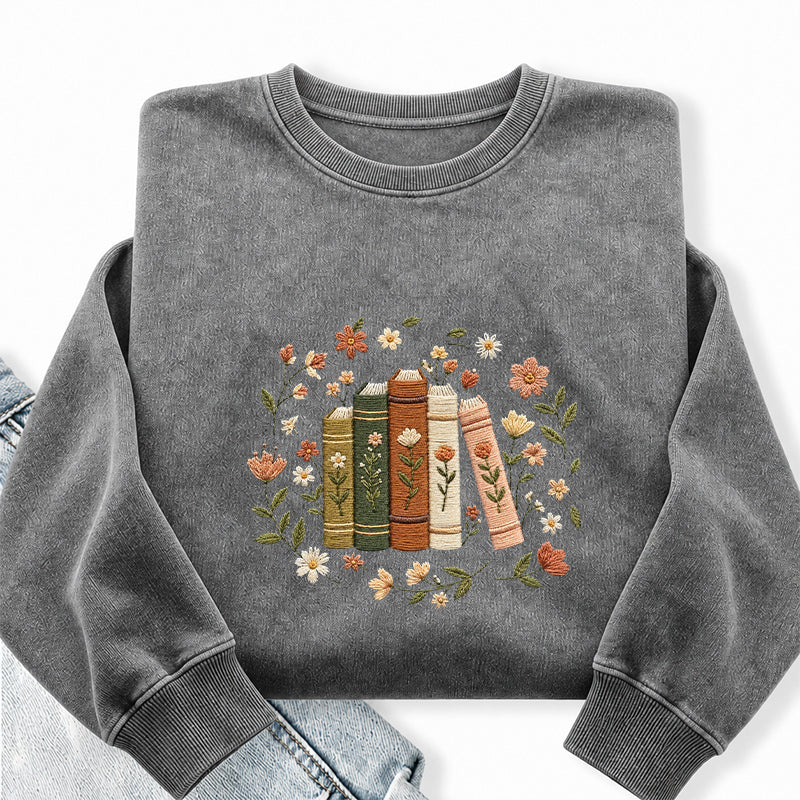 Embroidered Floral Book Stack Washed Crewneck Sweatshirt