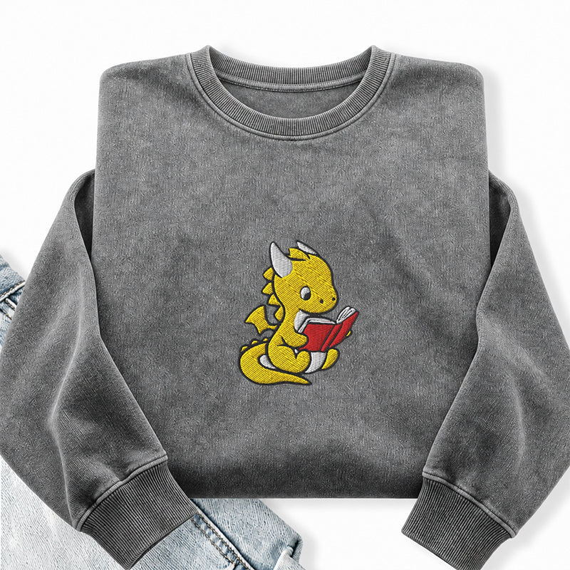 Embroidered Dragon Reading Books Washed Crewneck Sweatshirt