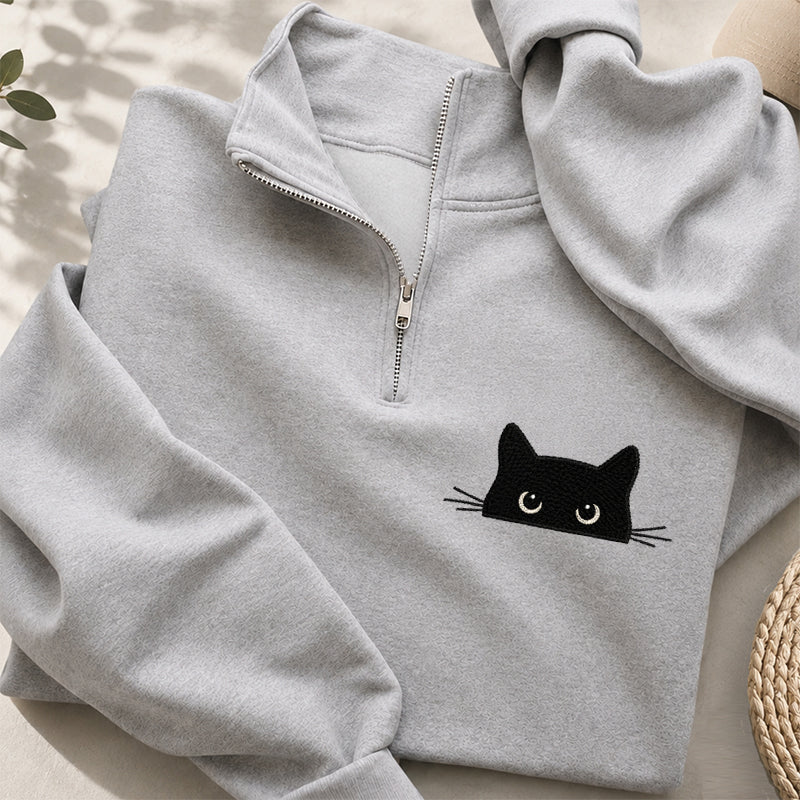 Embroidered Peeking Black Cat Classic Quarter Zip Sweatshirt