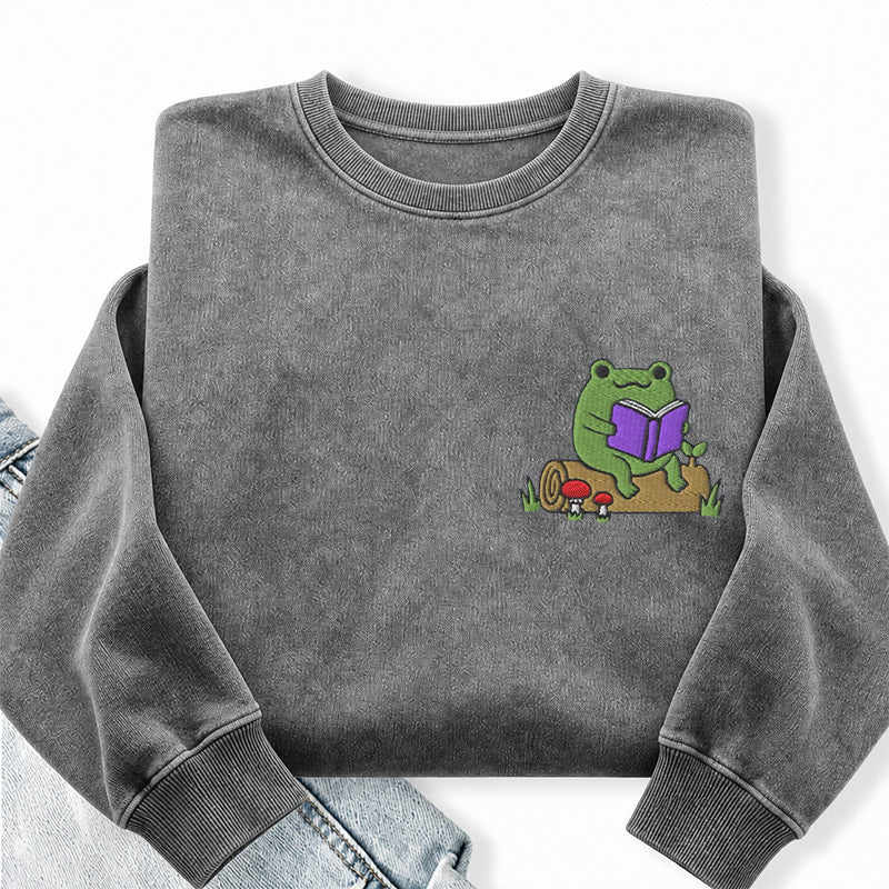 Embroidered Reading Frog Washed Crewneck Sweatshirt
