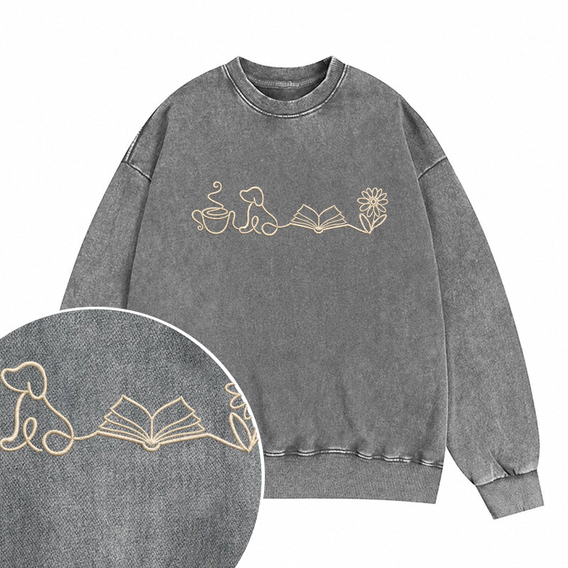 Embroidered Coffee Dog Book Flowers Washed Crewneck Sweatshirt