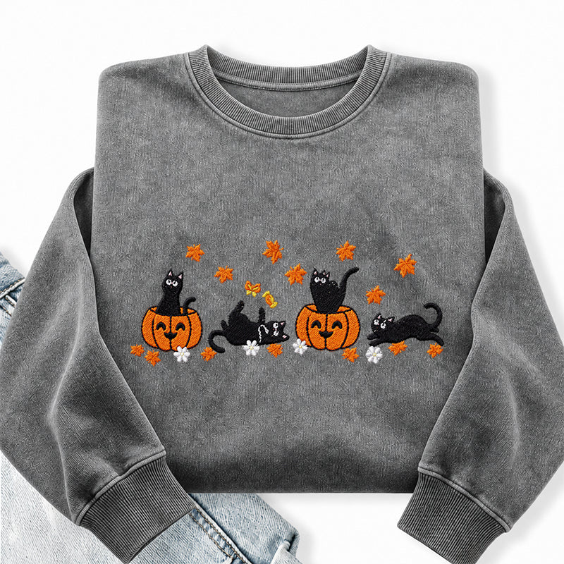 Embroidered Halloween Black Cat Washed Crewneck Sweatshirt