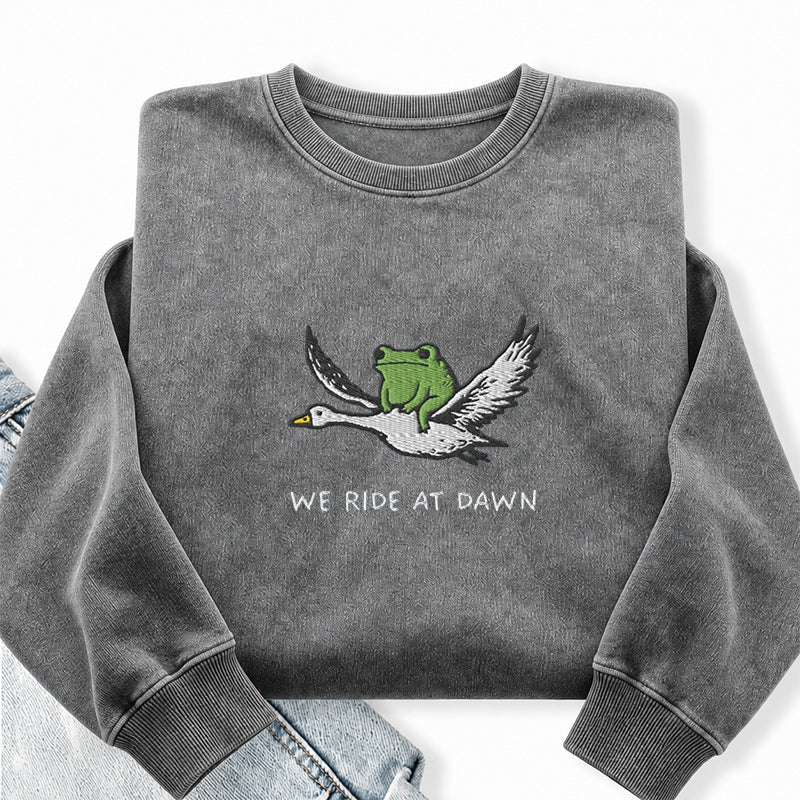 Embroidered We Ride At Dawn Frog Washed Crewneck Sweatshirt