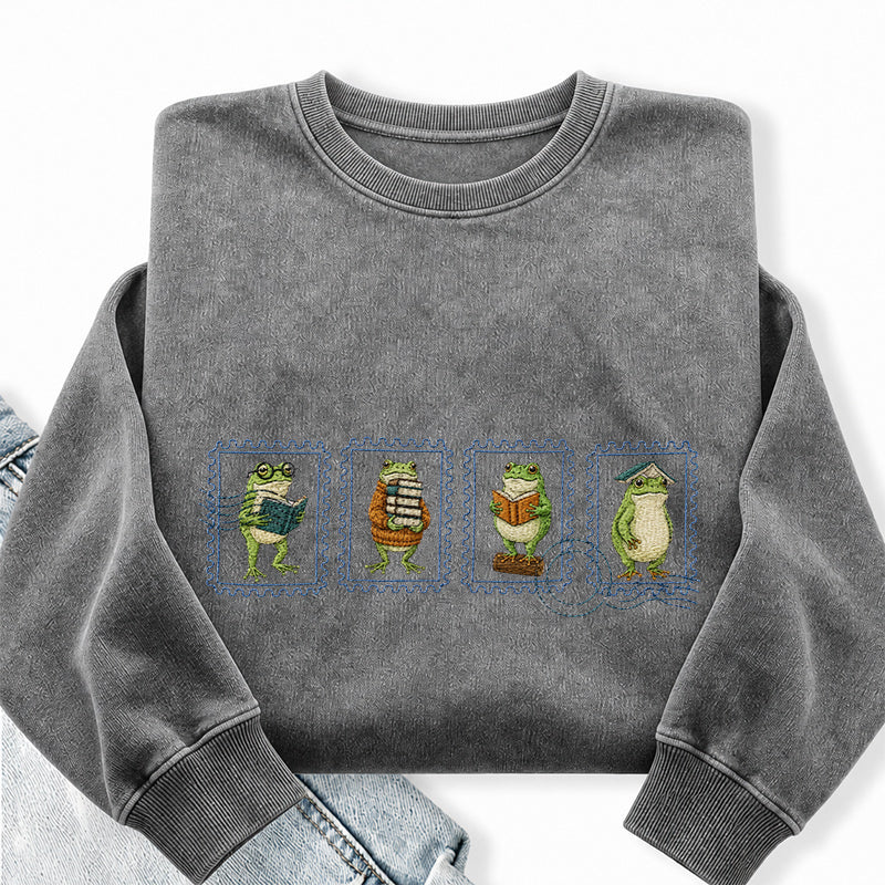 Embroidered Bookish Frog Stamp Washed Crewneck Sweatshirt