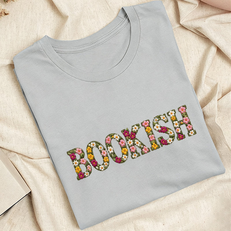 Embroidered Floral Bookish Classic Adult Unisex Crew Neck T-Shirt