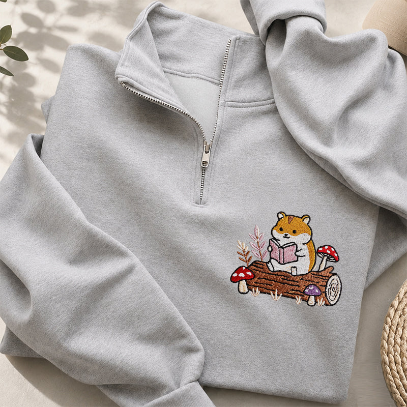 Embroidered Hamster Reading Books Classic Quarter Zip Sweatshirt
