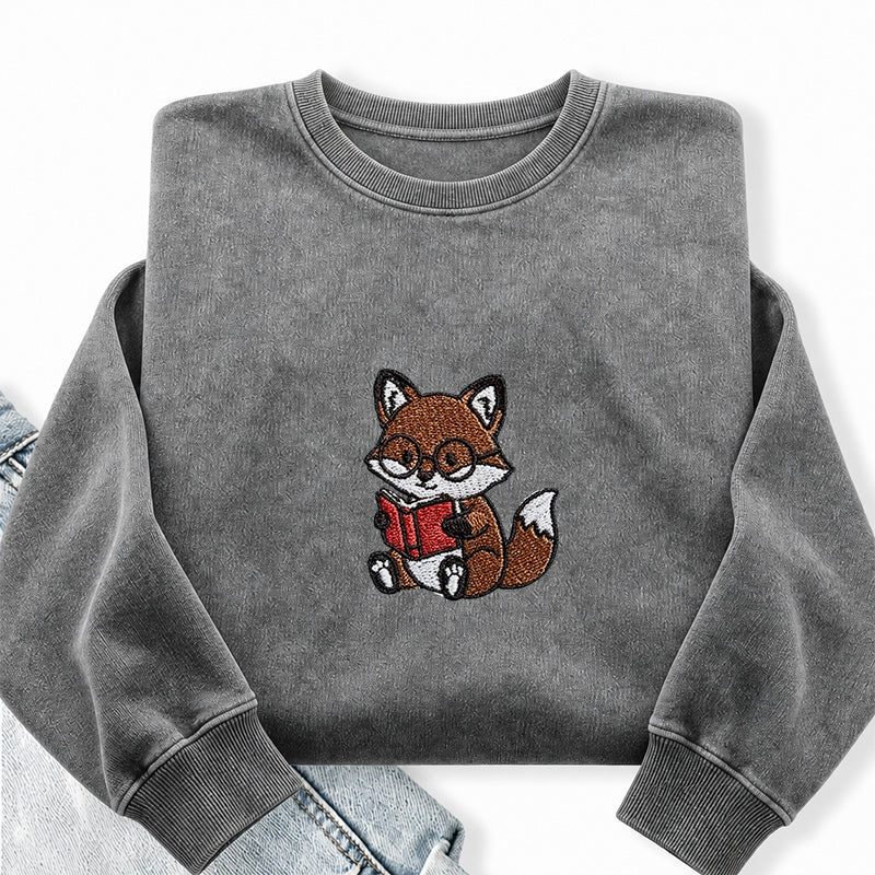 Embroidered Reading Fox Washed Crewneck Sweatshirt